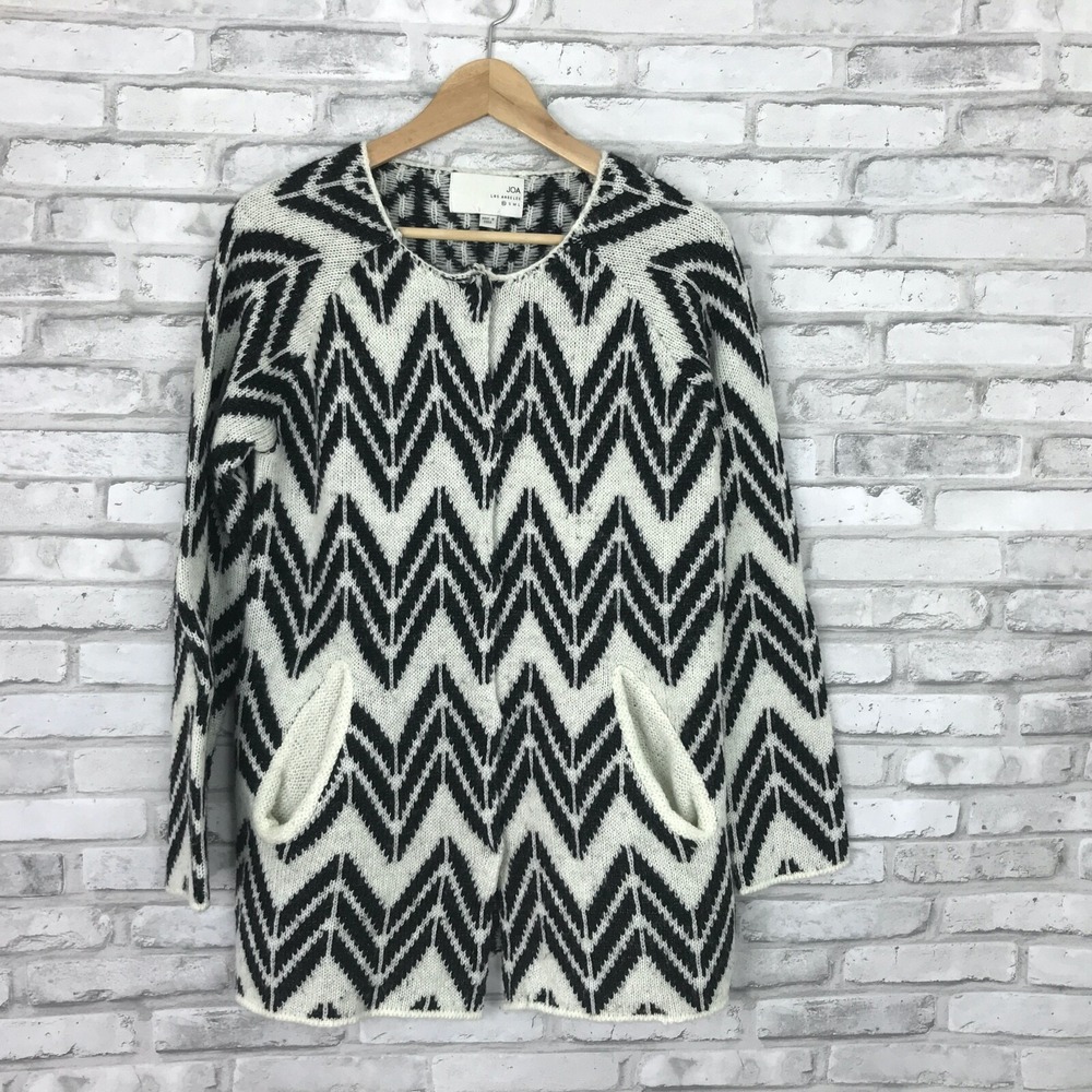 JOA Sweater Womens XS Black Geometric Snap Front Cardigan Crew Neck Knit Pockets